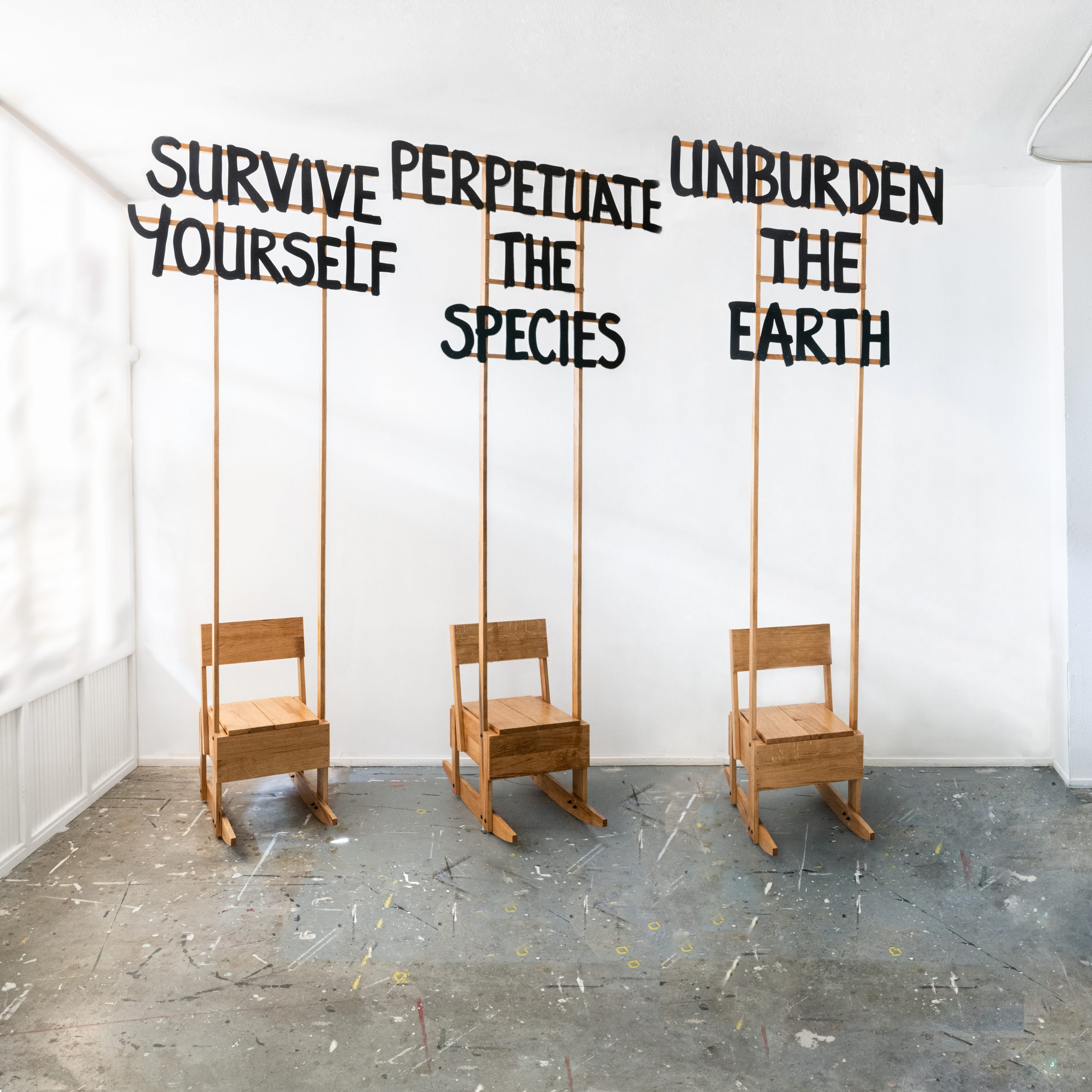 Birgit Verwer - Viriditas (SURVIVE YOURSELF, PERPETUATE THE SPECIES, UNBURDEN THE EARTH), 2021, rocking chairs made with wind sawn locally sourced oak , H300 x W125-140 x D92 cm per chair